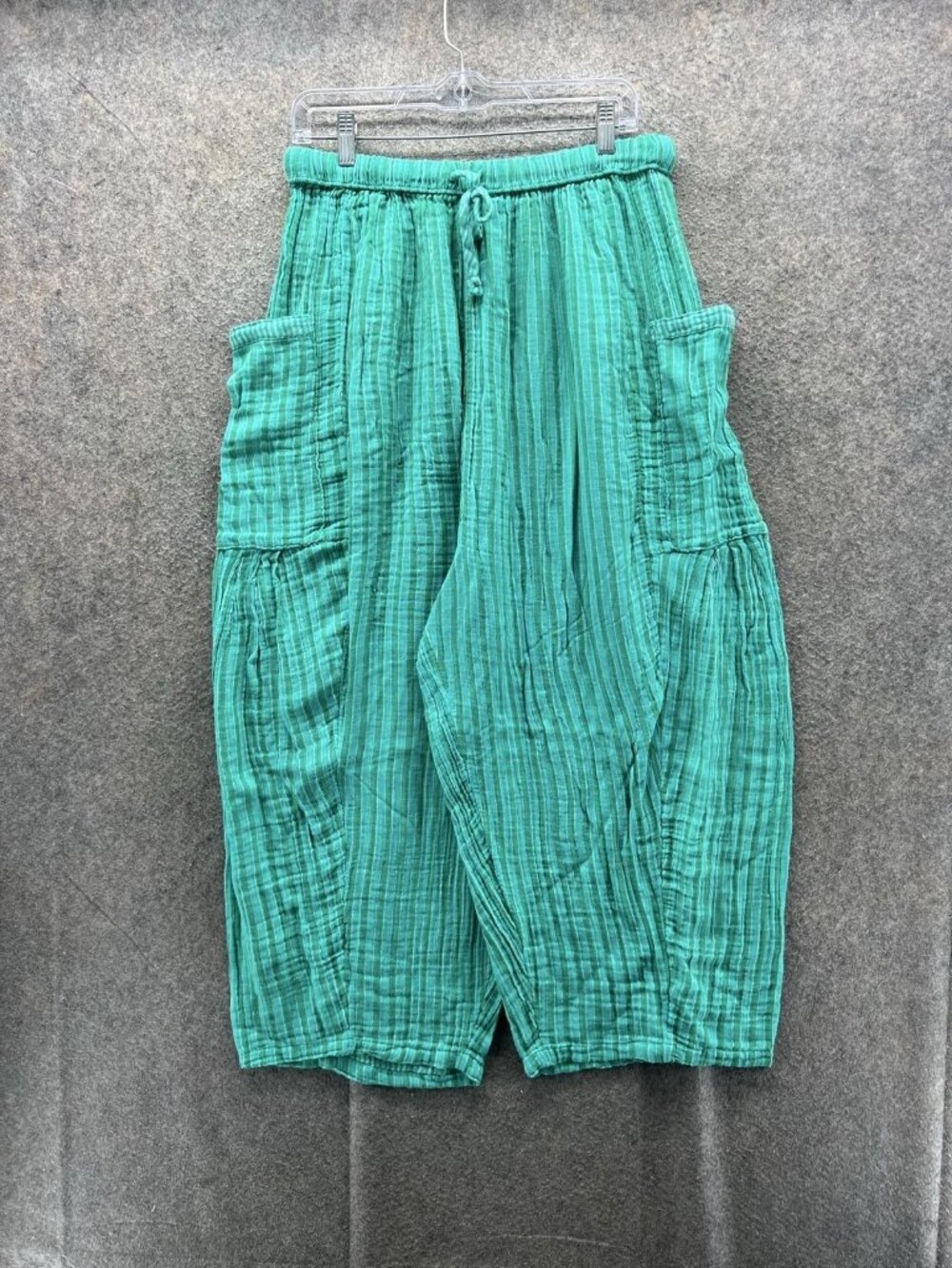 Soul Flower Pants Womens Large Green Striped Knit Harem Wide Leg Pockets Casual